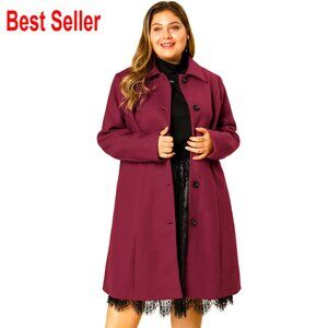 Plus Size Wool Pea Coat Single Breasted Belted Longline Winter Coat Elegant
